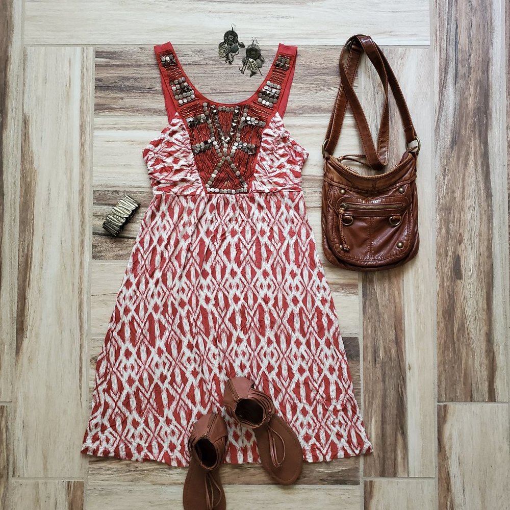 APT 9 | Burnt Org Embellished Bib Boho Dress